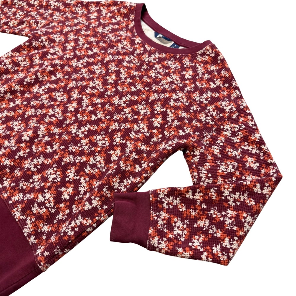 Lands End Womens Small Burgundy Floral Waffle Knit Thermal Sweatshirt Cotton Top